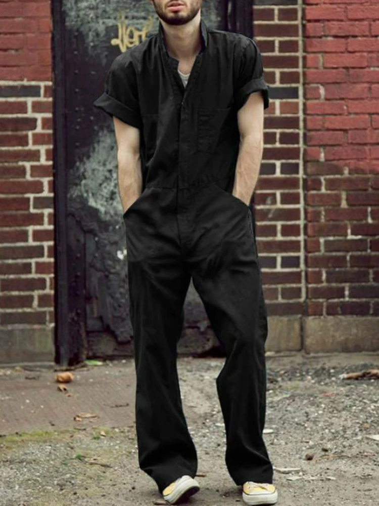 

Loose Fit Short Sleeve Workwear Overalls with Multiple Pockets And Button Stand Collar Long Pants for Men Summer Casual Wear