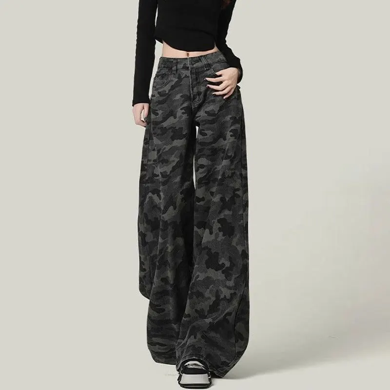 Women camouflage Jeans Sense design Vintage High Waisted Straight Denim Trouser Y2K American Streetwear Wide Leg Denim Pants