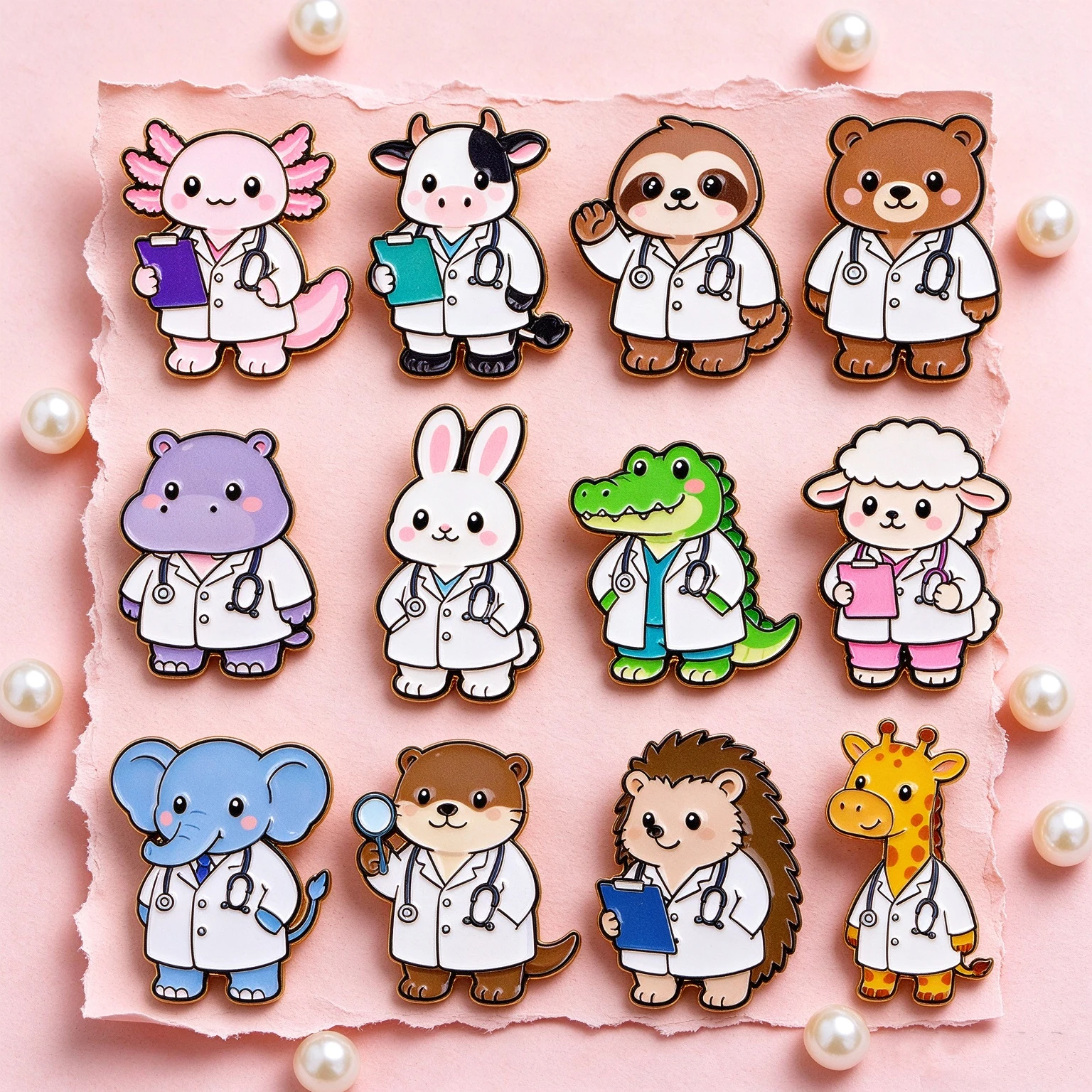 8-12pcs Lovely Animal Doctor Enamel Pin Set Elephant Otter Axolotl Rabbit Brooch Backpack Lapel Badge Jewelry Accessories Gifts