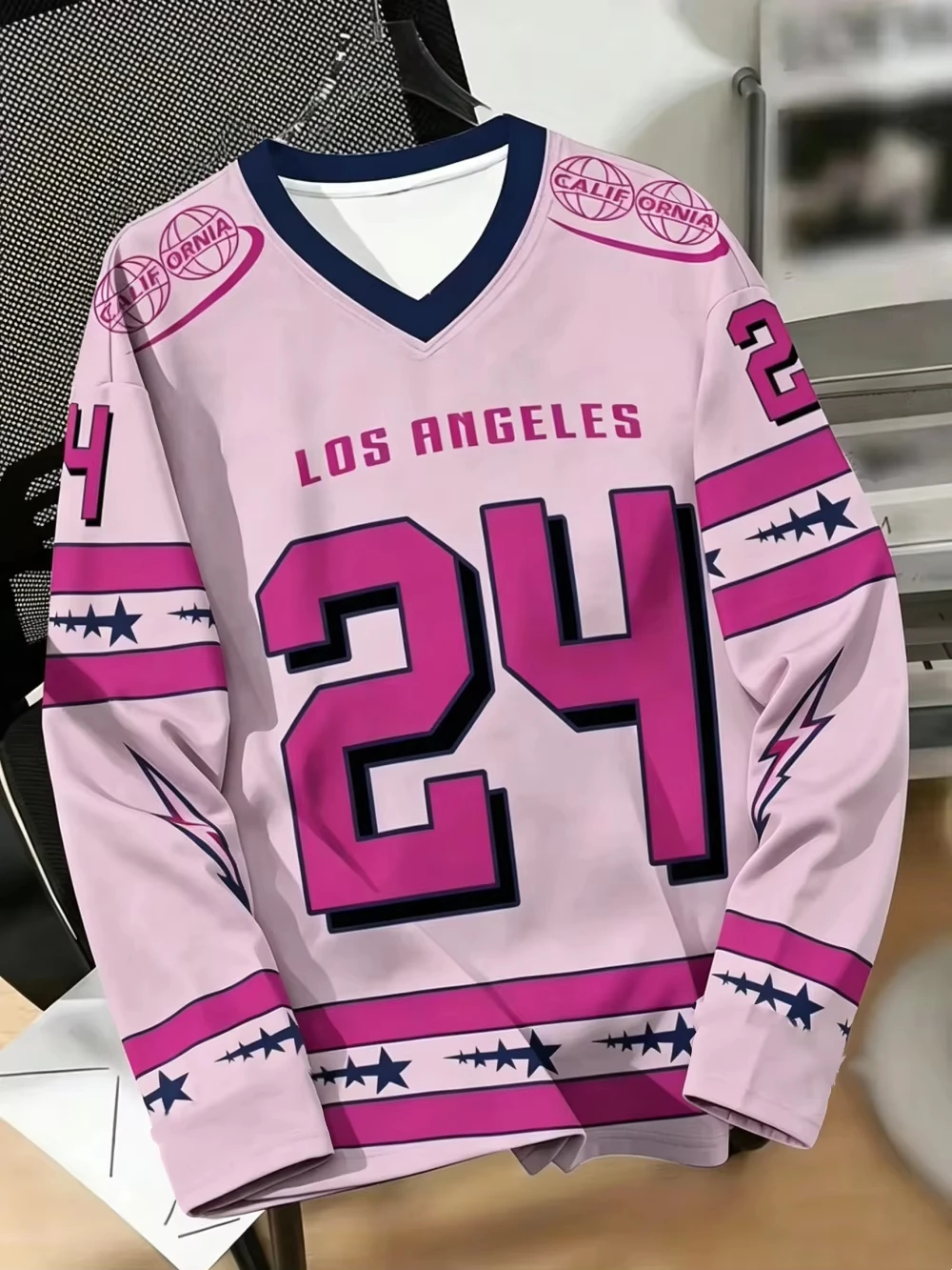 Hot Sale Men Women Los Angeles 24 Number Long Sleeve Jersey T-shirt Vintage V Neck Star Striped Streetwer Fashion