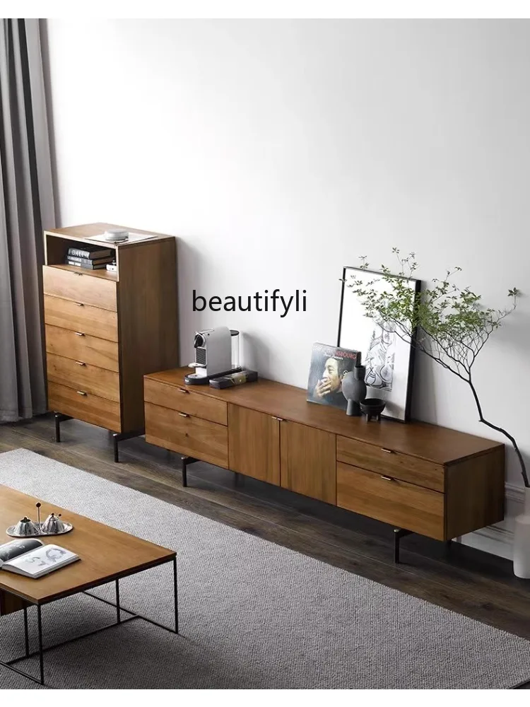 

3Nordic Mid-Ancient Solid Wood Coffee Table TV Cabinet Combination Retro Simple High-Grade Floor Cabinet Living Room Designe