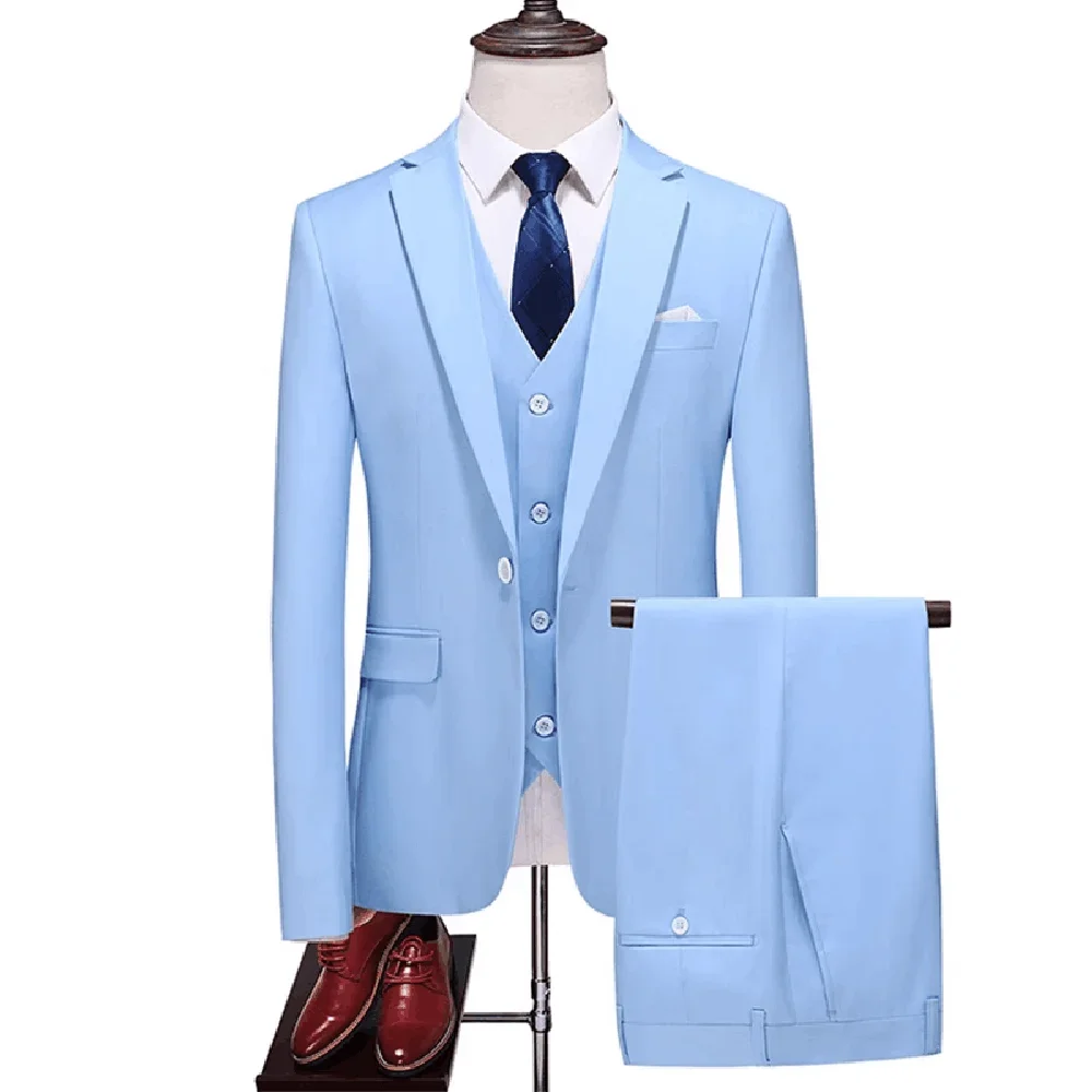 

New Fashion Men Suits 13 Colors Notch Lapel Solid Color Male Suits Smart Casual Wedding 3 Pcs Male Set (Jacket+Pants+Vest)