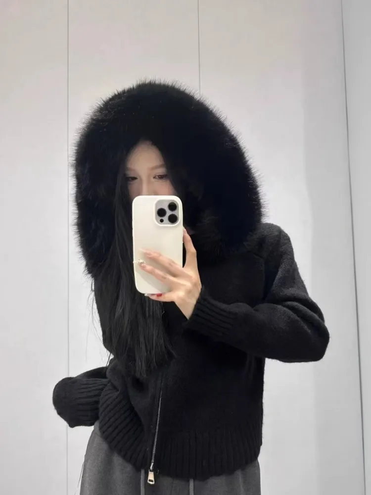 Maillard Sweater Jacket For Women, Autumn And Winter High-End Sense, Fur Collar Hooded Lazy Style, Knitted Top With Temperament