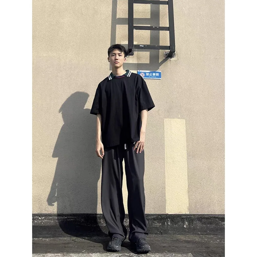 KOLOR Abe Japanese Style Spliced Threaded Collar Pure Cotton Loose Round Neck Short Sleeved T-shirt