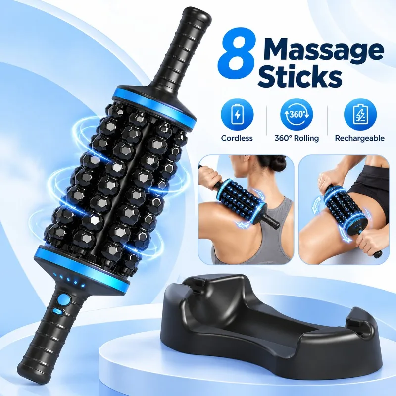 Rechargeable Electric Body Massage Roller 8 Massage Sticks 360 Degree Rolling Percussion Massager for Muscle Relaxation