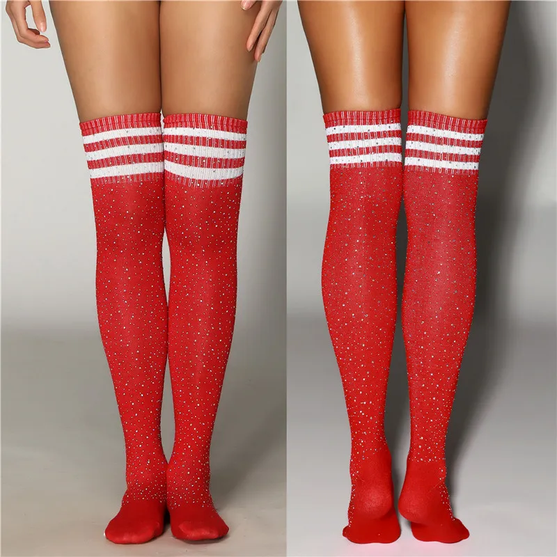 Rhinestone Long Stockings High-Stockings Crystal Glitter Thigh High Stockings Over Knee Socks Striped Student\'s Nylon Stockings