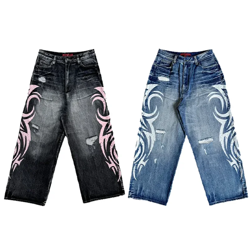 

Y2K Baggy jeans trend geometric print ripped floor jeans ripple washed streetwear Retro Harajuku zipper men women Wide leg jeans