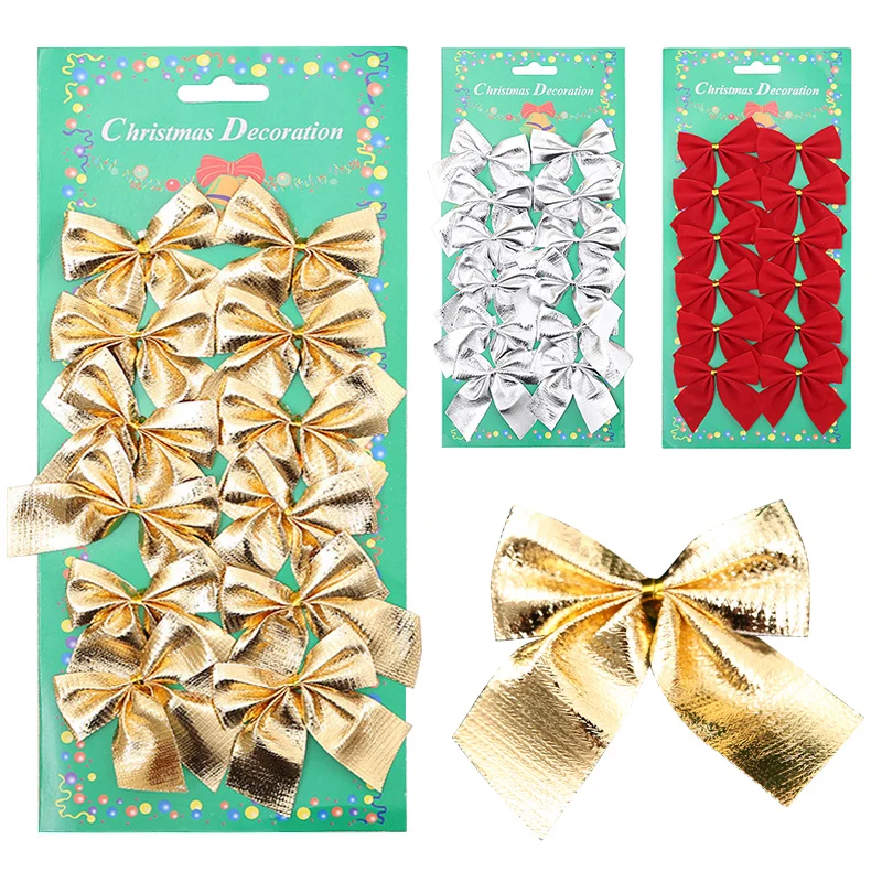 12pcs Pretty Gold Bowknots Christmas Ornament Tree Decoration Party Bowknots Baubles New Year Xmas Christmas Decoration For Home