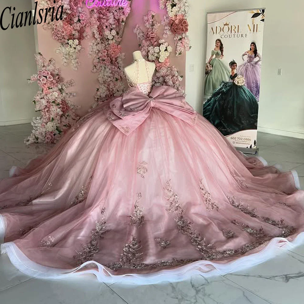 Pink Quinceanera Dress Bow Lace Applique Sequins Beading Mexican Sweet 16 Vestidos De XV 15 Anos