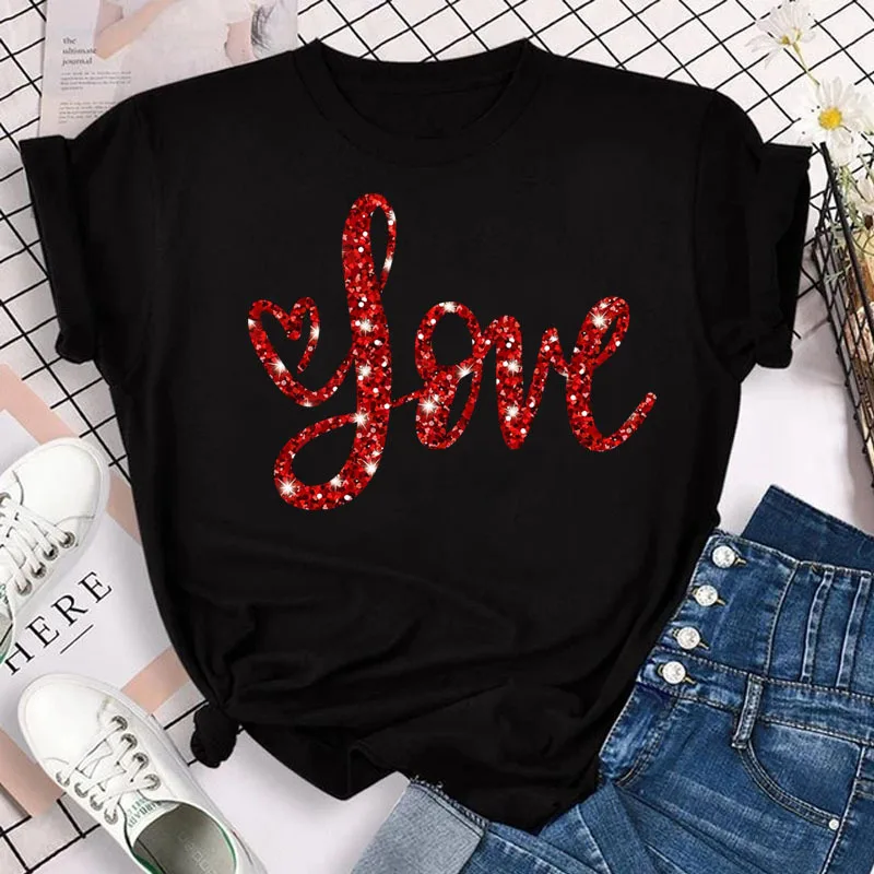 Cotton  100% Women's Wholesale Large Heart-shaped Pattern Trendy White Printed Casual Simple Short Top T-shirt for Women Graphic