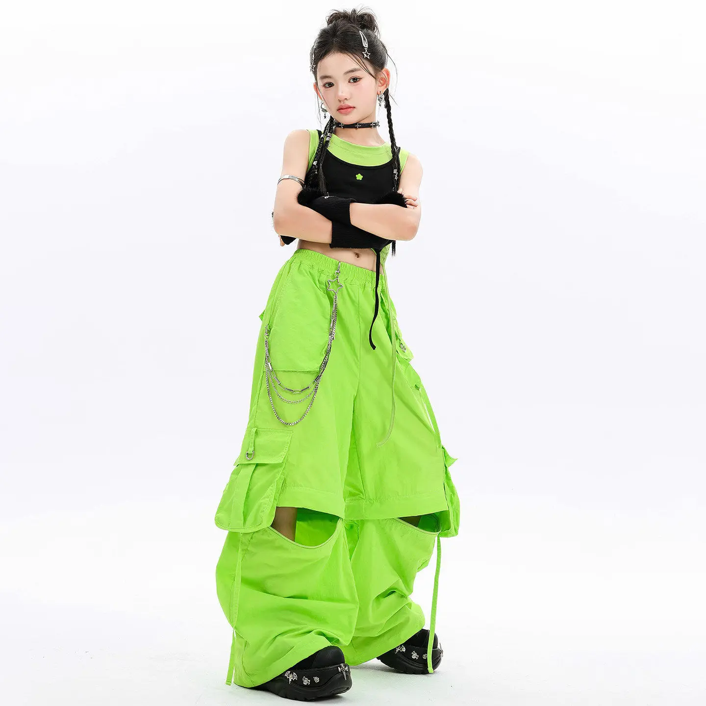 Kid Kpop Hip Hop Clothing Black Green Layered Crop Tank Top Casual Knee Zip Cargo Pants for Girls Street Dance Costumes Clothes 4