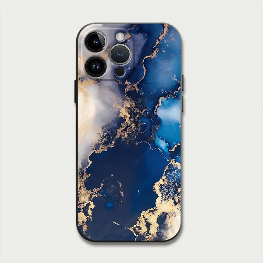 أزياء رخامية حالة زرقاء لفون ، غطاء الهاتف لفون 16 ، 15Pro ، 12 ، 13 ، 14 ، 11 برو ماكس ، XR ، 7 ، 8 ، SE ، XS ماكس ، 12 ميني ، 16 Plus ، 14Pro ، 13Pro