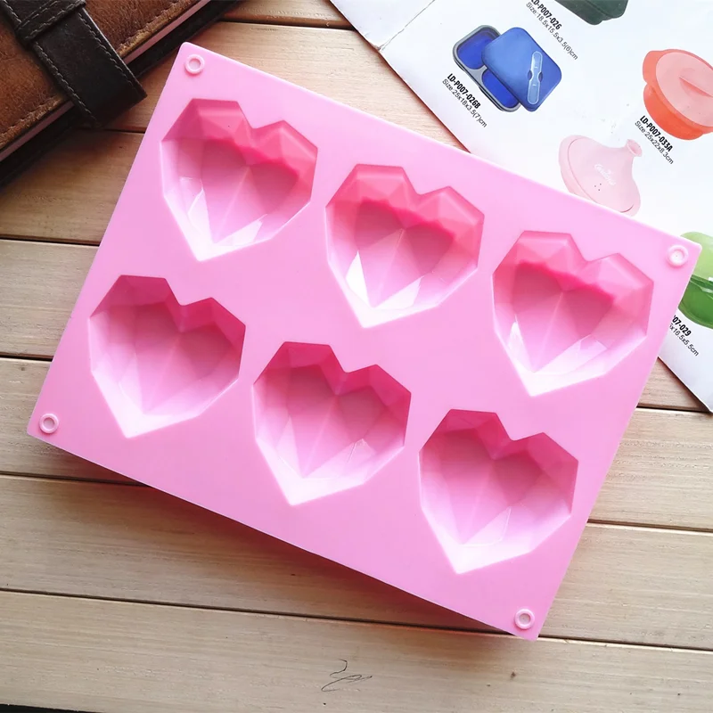 Cetakan kue silikon cinta berlian 6 rongga 3D alat Dekorasi Fondant Hati aksesori memanggang dapur cetakan kue coklat