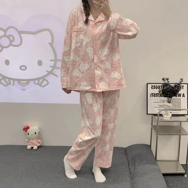 New Sanrio Cartoon Anime Hello Kitty Kawaii Pink Pajamas Set for Girls Spring Autumn Winter Long Sleeve Casual Home Pajamas 2PC