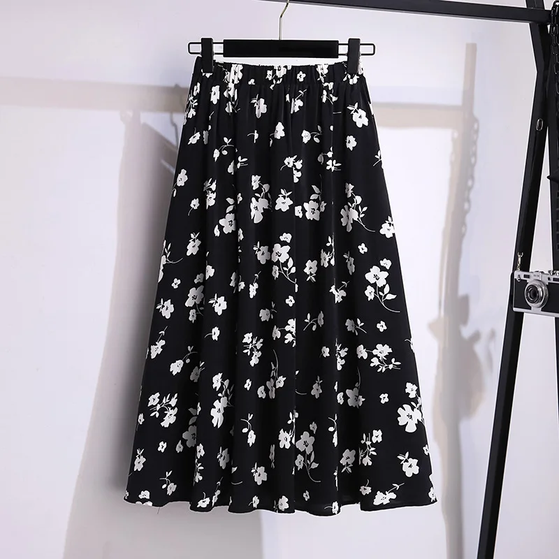 175Kg Plus Size Women\'s Summer Loose Floral Chiffon A-Line Skirt Hip 175 Apricot Black 5XL 6XL 7XL 8XL 9XL 10XL