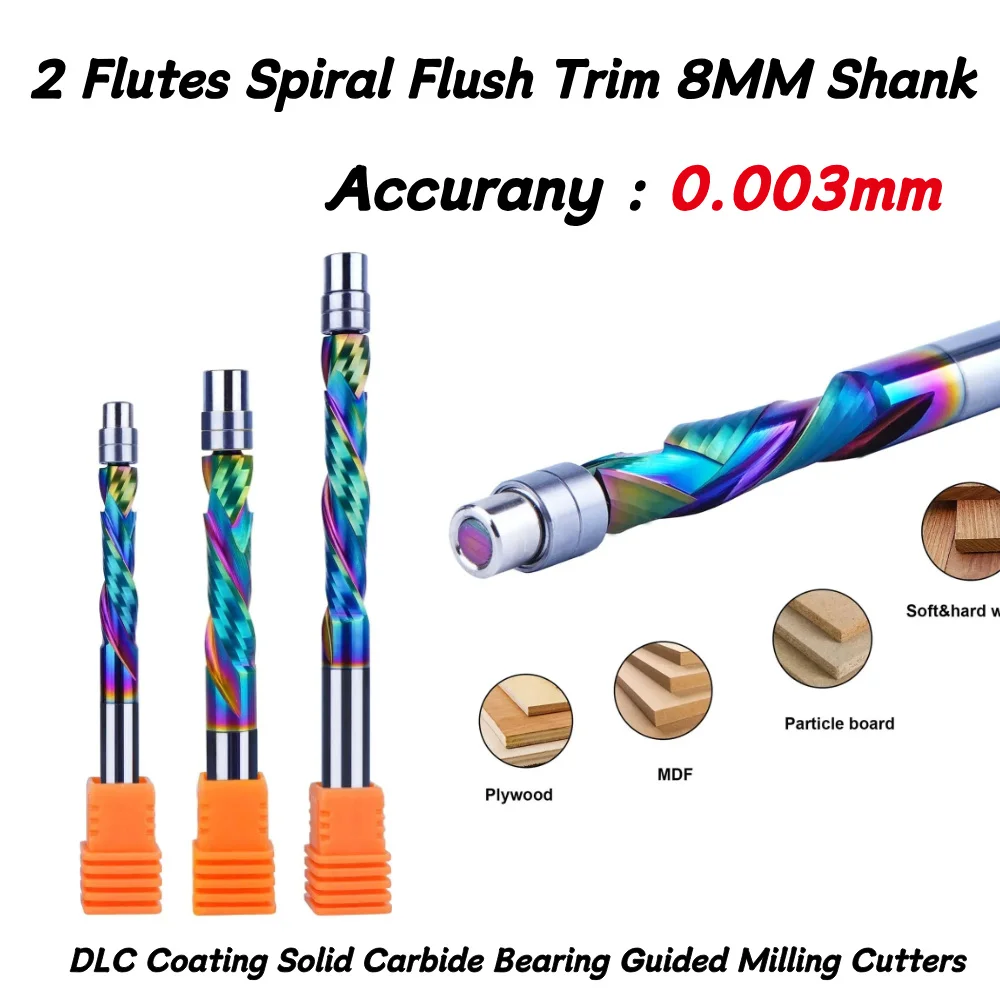 1 Piece DLC Coating Solid Carbide 2 Flute Spiral Flush Trim Bit, Bearing Guided Template Trimming End Mill with 8MM Shank for CN