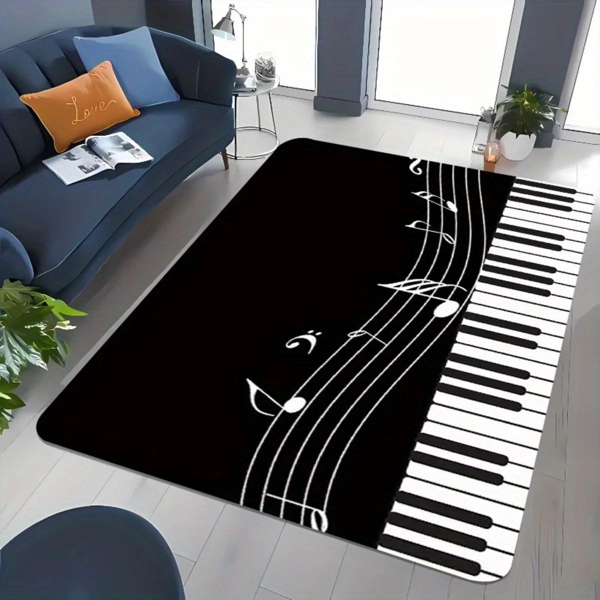 Black Music Note Flannel Doormat Piano Key Print Non-slip Floor Mat Soft Area Rug for Living Room Bedroom Decor