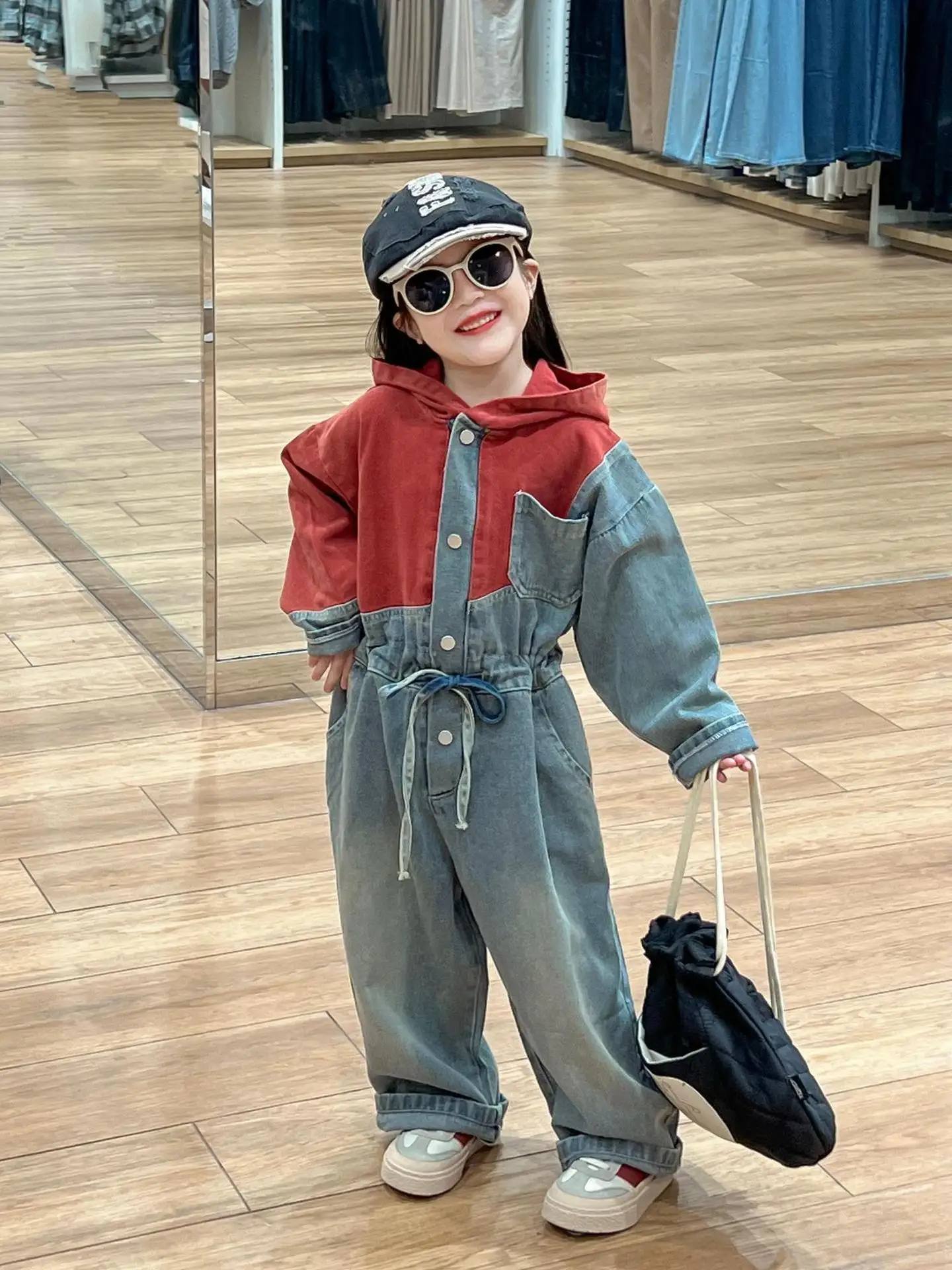 

Корейские джинсовые комбинезоны для девочек, свободные, с широкими штанинами, в стиле пэчворк, модный осенний дизайн, средняя посадка на талии