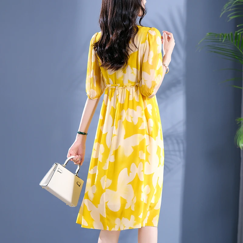 

Summer Dresses for Woman 2026 Elegant Fashion V-neck Half Sleeve Butterfly Print Dress 100% Real Silk Women's Long Dress