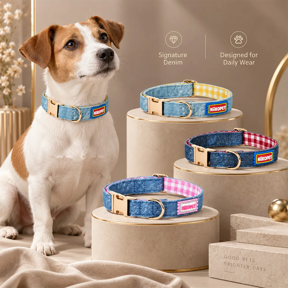 Wear-Resistant Denim Dog Collar, Multi-Position Adjustable, Fits Medium & Large Dogs