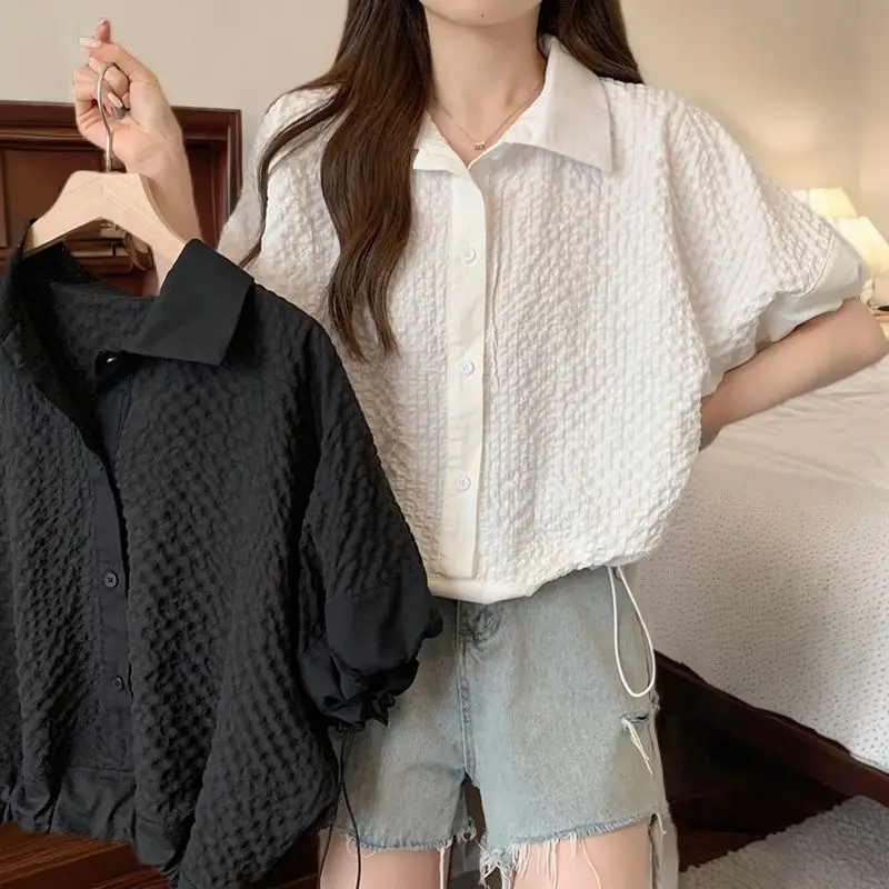 

plus Size Women's Neck Shirt Short Sleeve Slimming Fashionable Summer Casual Style Loose Fit Button up Top