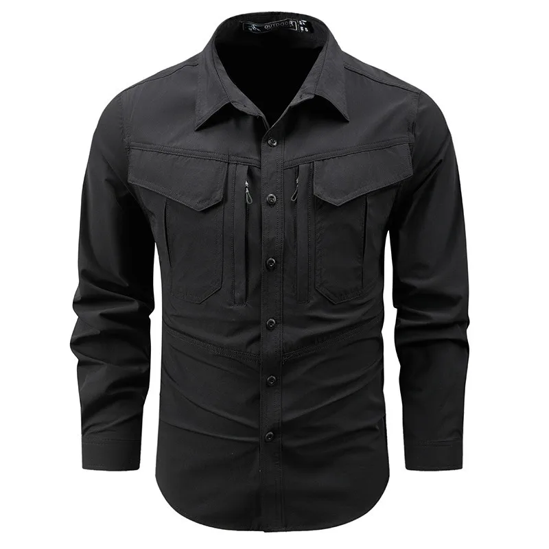 Camicia a maniche lunghe ad asciugatura rapida in tessuto elasticizzato in nylon con quattro tasche sul petto