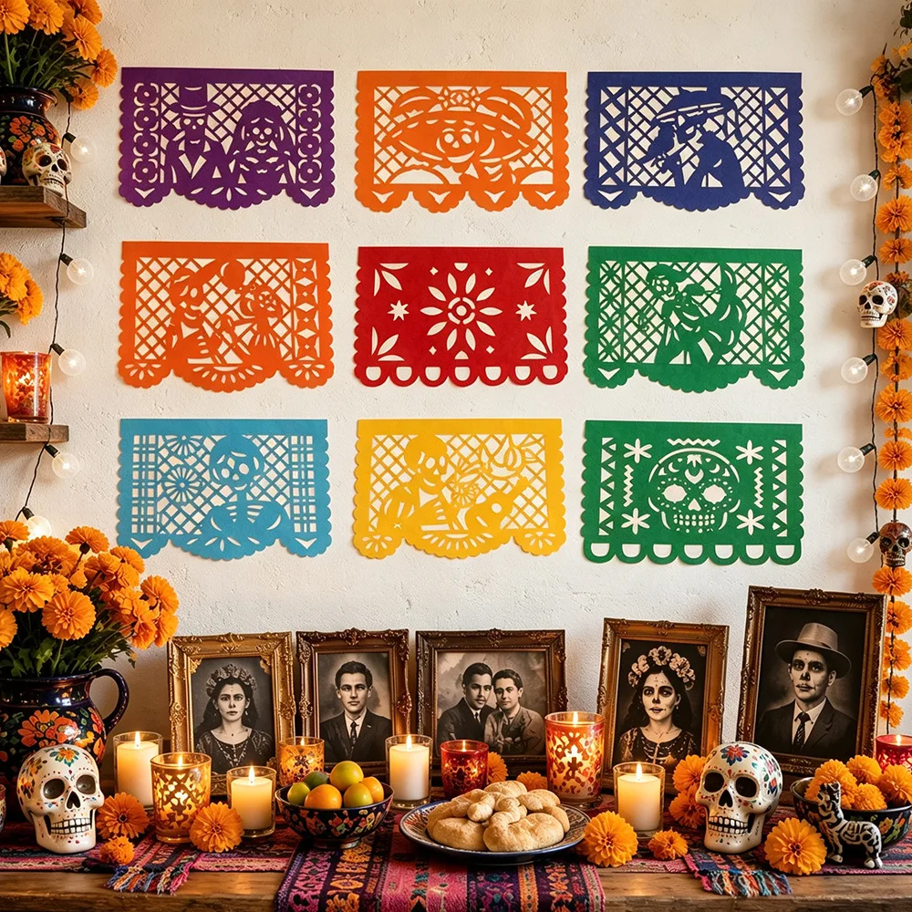 Mexikanisches Tag der Toten Papel Picado Banner 50 Stück Hohle Totenkopf-Blumen-Ausschnitt-Fahnen-Girlande Dia De Muertos Fiesta Party Hängedekoration – Detail 7