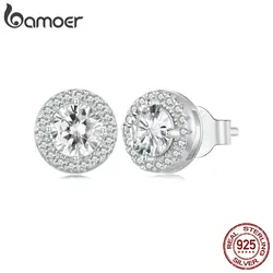 BAMOER Platinum Plated Halo CZ Stud Earrings 925 Sterling Silver Hypoallergenic Classic Elegant Earrings Fashion Jewellry BSE893