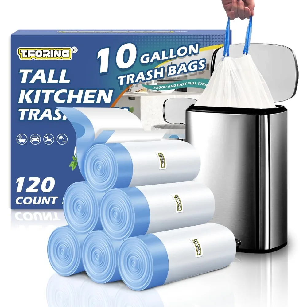 

10 Gallon Trash Bags with Drawstring - 120 Count Heavy Duty 1.2 Mil Garbage Bags 38 Liter Unscented White Kitchen Bin Liners for Home & Office
