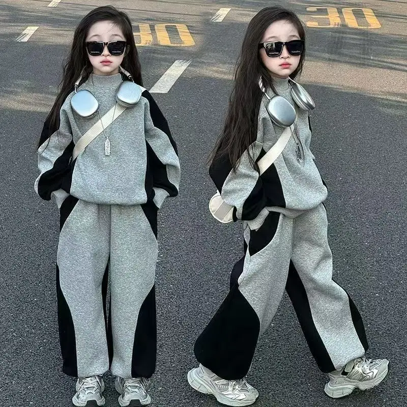 

Girls Clothing Set Autumn Suit Childre Color Matching Hoodie Wide Leg Pants 2pcs Suit Casual Loose Kids Clothes Tracksuit