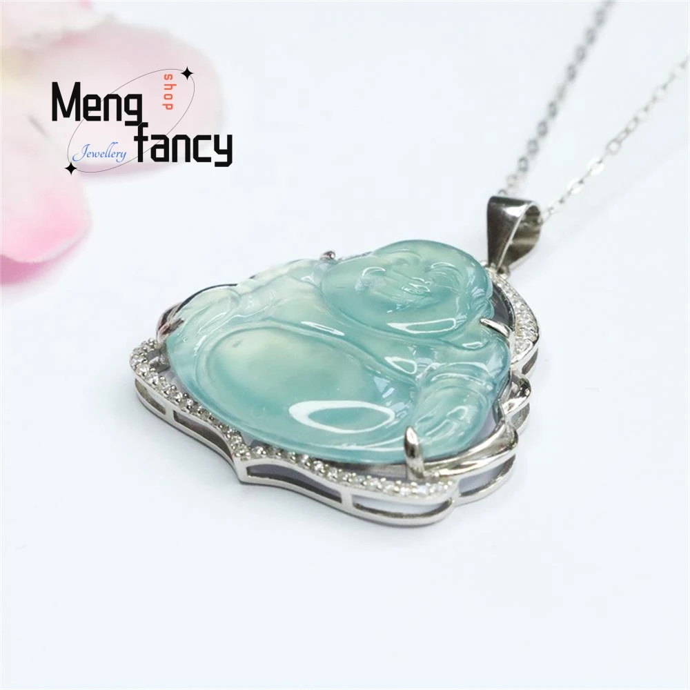 S925 Silver Lnlaid Natural Jadeite Exquisite Elegant Simple High-grade Pendant Buddha Myanmar Blue Water Luxury Quality Jewelry