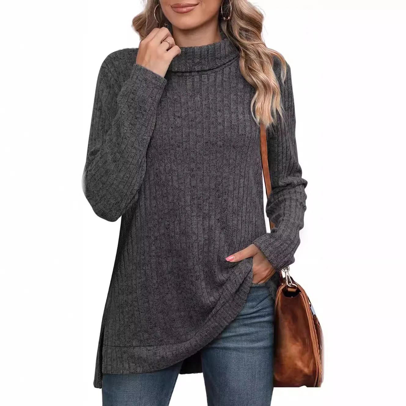 فضفاض عالية الياقة تي شيرت المرأة لون نقي بلو شريط تصميم الخريف الشتاء جديد Sle للتخصيص Faion #4