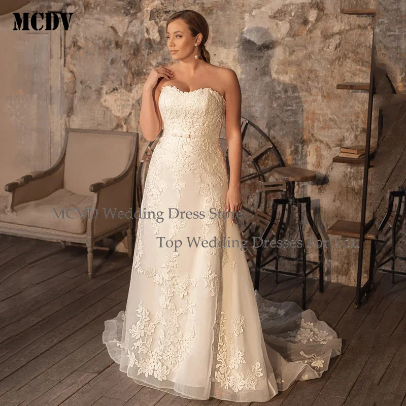 

MCDV Plus Size Modest Wedding Dress Sweetheart Corset Appliques Detachable Lace Bolero Jacket Bride Dresses