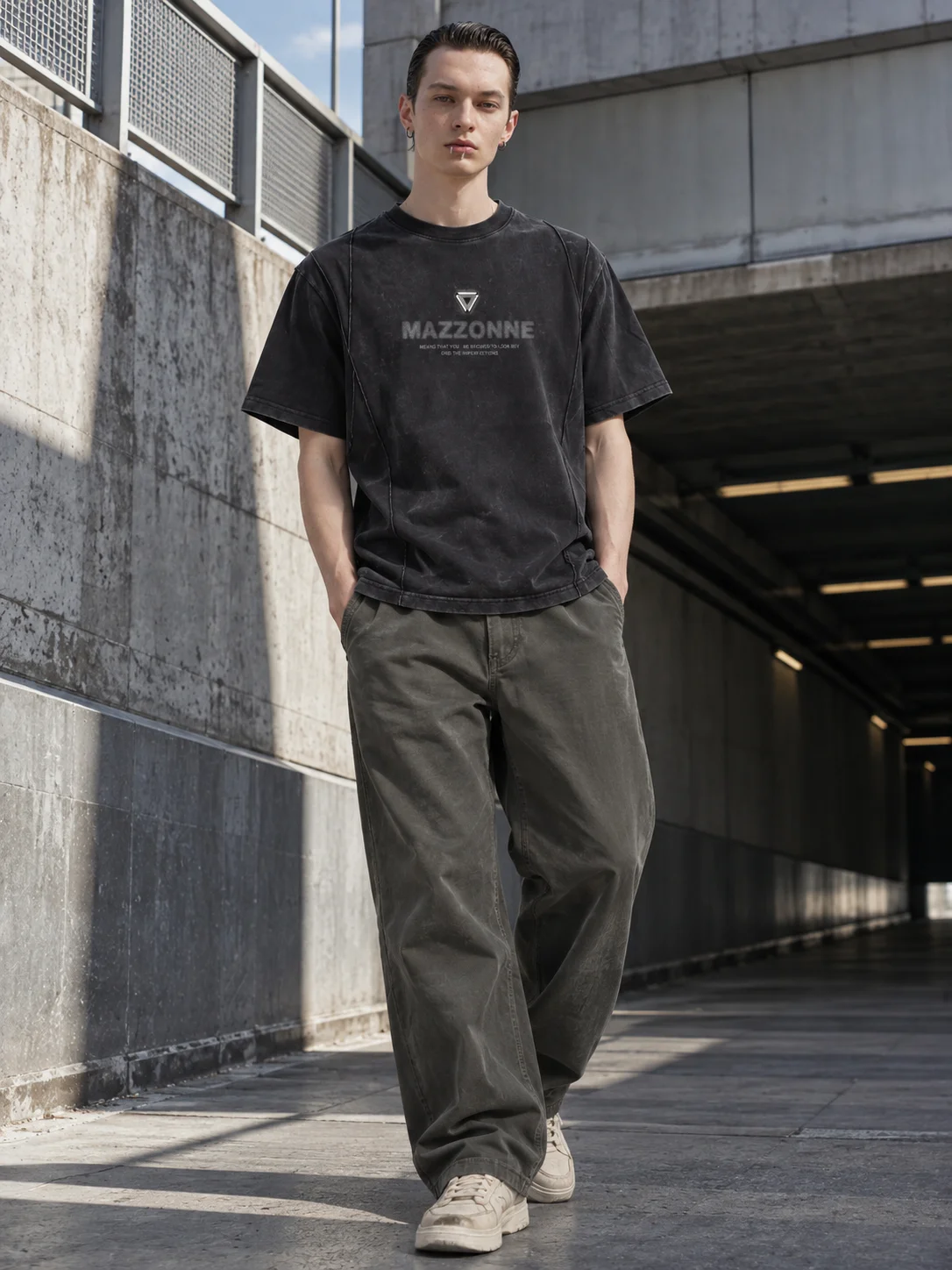 MAZZONNE Men's Washed Black Graphic T-Shirt, Front & Back Letter Print, Metal Hardware, 100% Cotton Crew Neck Streetwear Tee H