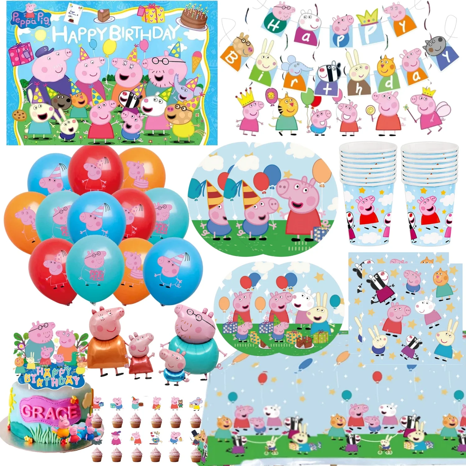 Lindos Artículos de Fiesta Temáticos de Peppa Pig Azul, Vajilla, Globos, Platos, Vasos y Mantel para Decoración de Baby Shower