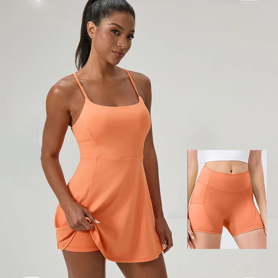 

Women’s Sleeveless Tennis Dress Cross Backless Golf Long Skirt Shorts Two Pockets Training Dancing Quick Dry Sport Long Dress