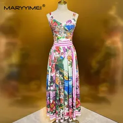 MARYYIMEI Elegant Vacation Floral Women's Suit Summer Spaghetti Strap Backless Slim Tops+Pleated Skirt Print Cotton 2 piece set