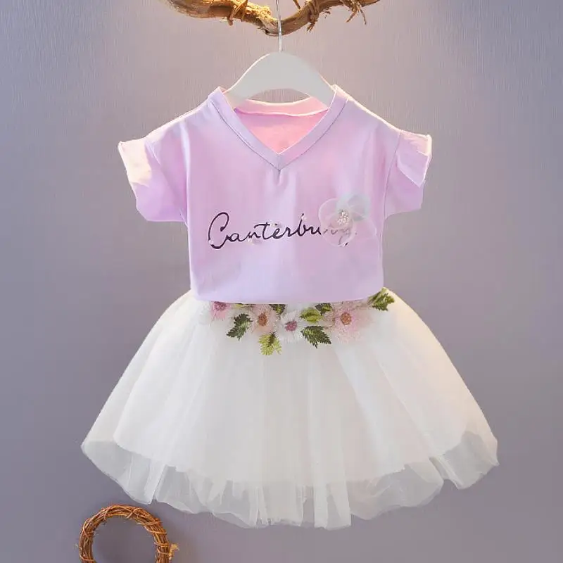 Fashion Kids Clothing Sets Summer Baby Girls Clothes Flower Printing T-shirt + Skirt Suit 2Pcs Kids Clothes letter Girls Suit image 2