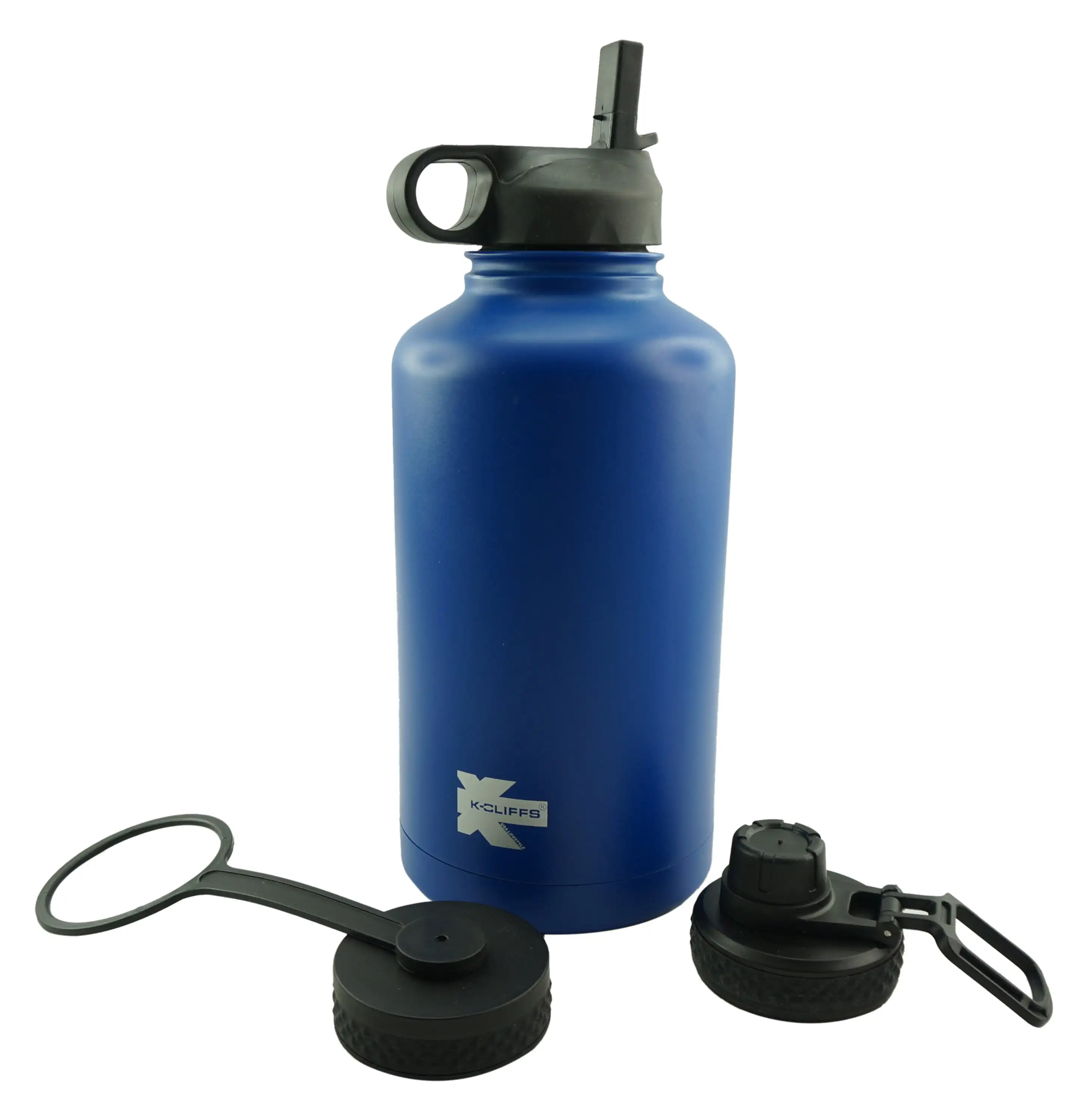 

Double Wall Water Bottle Stainless Steel BPA Free 3 Lids Included Straw Lid / Twist / Sport Cap Blue 64oz