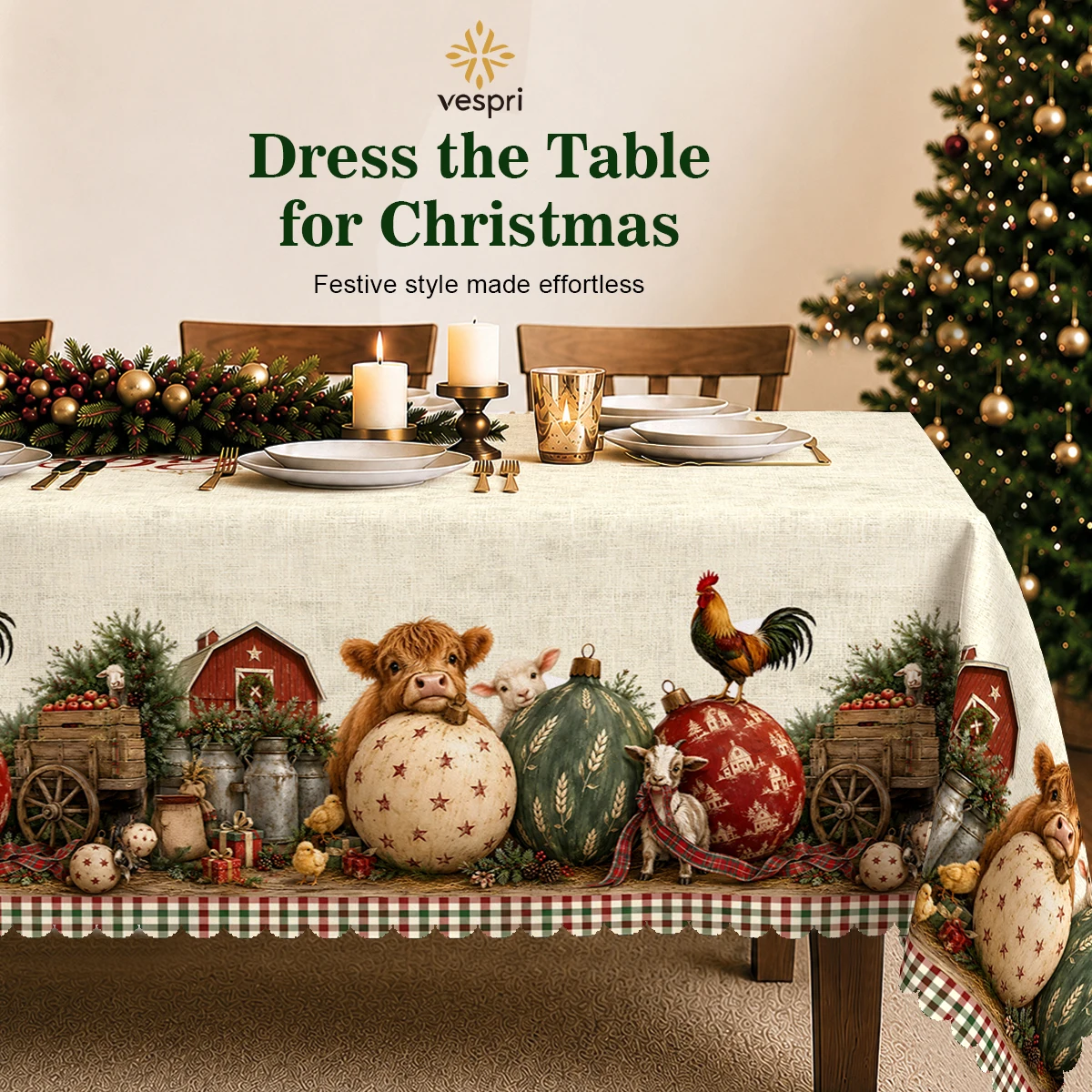 Farmhouse Tablecloth with Red Tractor, Santa & Farm for Indoor/Outdoor Camping decor, Rectangular/Round/Oval
