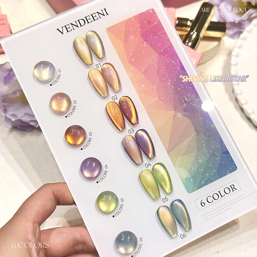 벤디니 6색/세트 레드 블루 퍼플 캣아이 젤 네일 폴리쉬 UV LED 크리스탈 마그네틱 매니큐어 네일 바니쉬 컬러 카드 포함