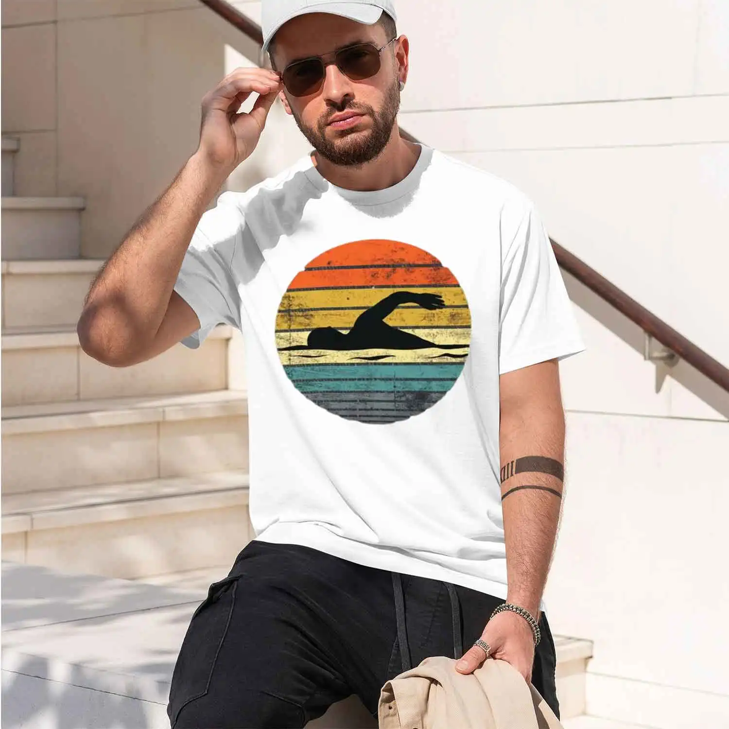 Vintage set Swimmer Silhouette Swimming Graph Baseball Cap Men Women Distred Washed Cap Outor Hat 2026 New Model Men’s Short-sle