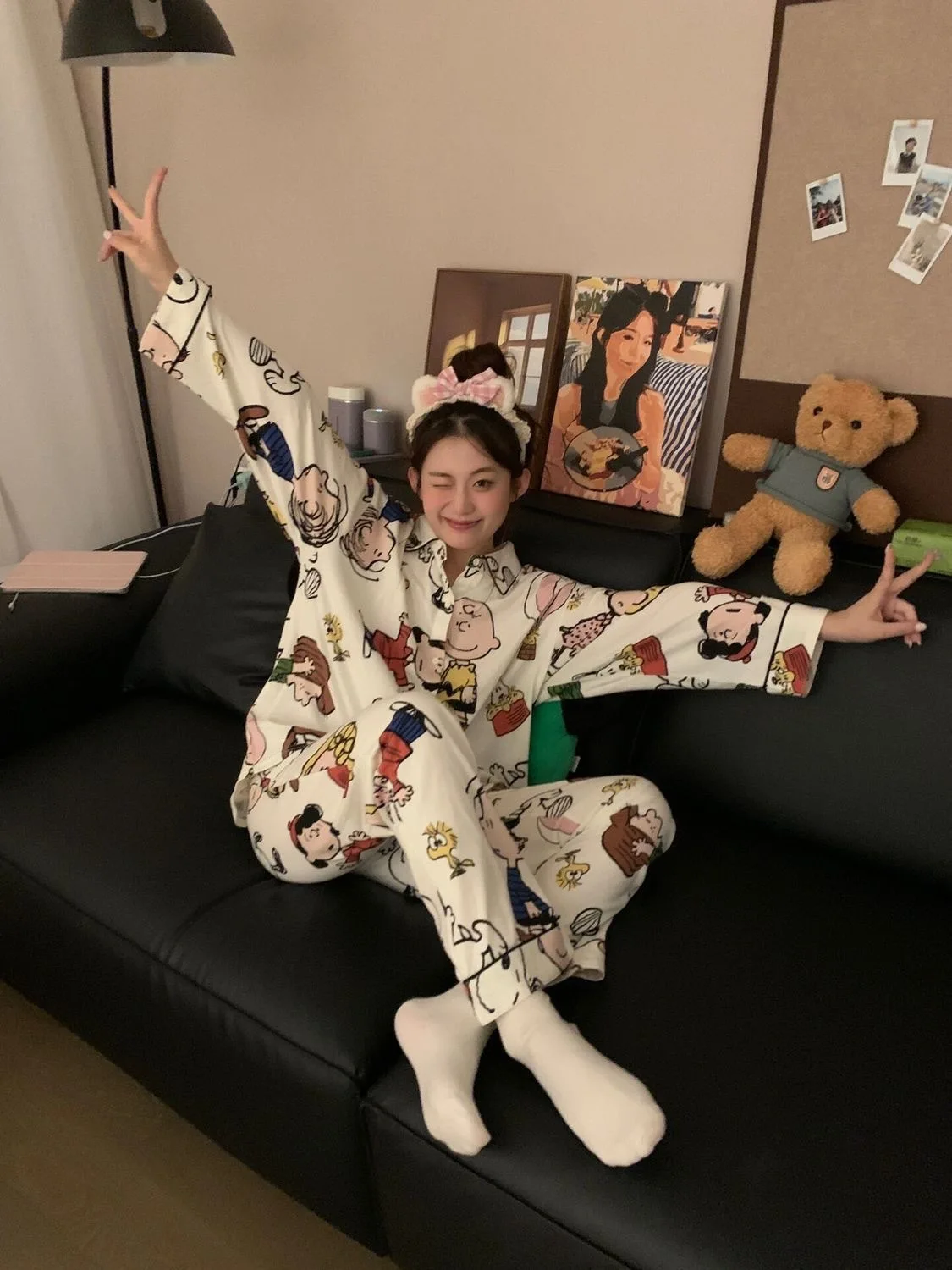 Cute Snoopy Print Women Pajamas Set Lapel Button Down Long Sleeve Top Pant Sleepwear Soft Loose Casual Homewear Ladies Loungewea