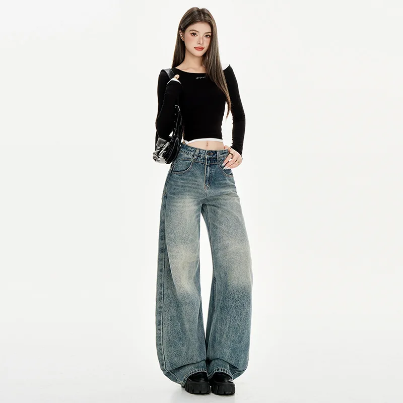 AC American Style Retro Blue Wide-Leg Jeans For Women New Loose Draped Straight-Leg Floor-Length Pants