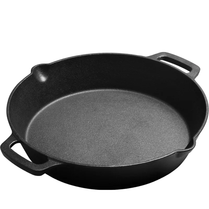 Thickened Uncoated Cast Iron Skillet, Double Handle Frying Pan with Dual Pour Spouts for Home Cooking