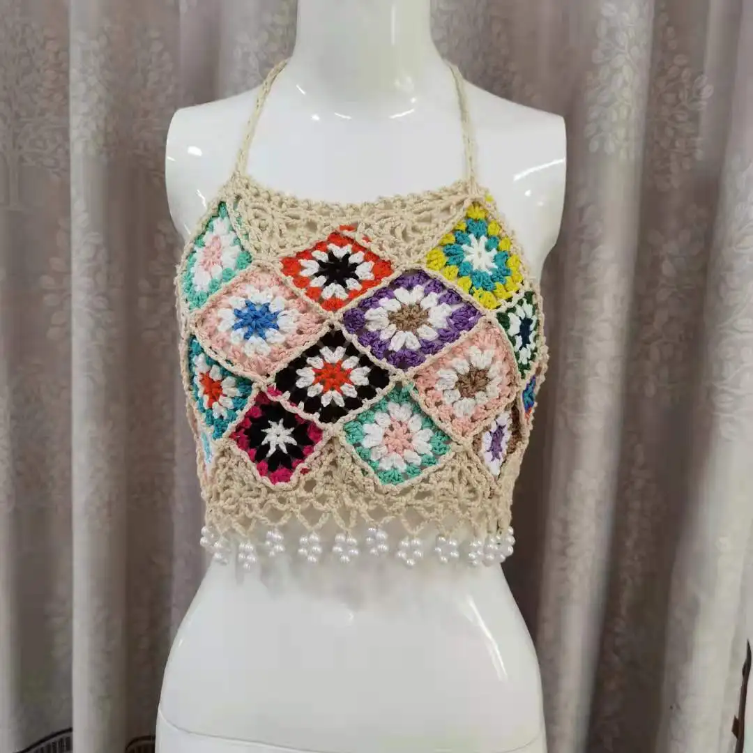 

2026 New Women Ethnic Style Handmade Crochet Floral Tank Top Hollow Out Cami Top Random Color Floral Design Outdoor Wear Vest