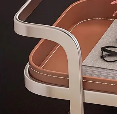 Modern Saddle Leather Living Room Sofa Side Table Movable Hand Carts Trolleys Italian Hotel Coffee Side Table  with Wheels