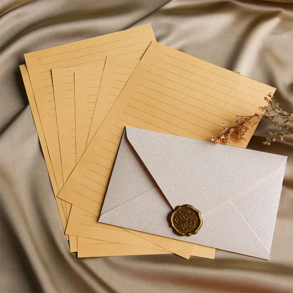 

10Pcs Linen Texture Retro Envelope Invitation Card with Sealing Wax Sticker Blessing Thank Envelope Romantic Nostalgia Art