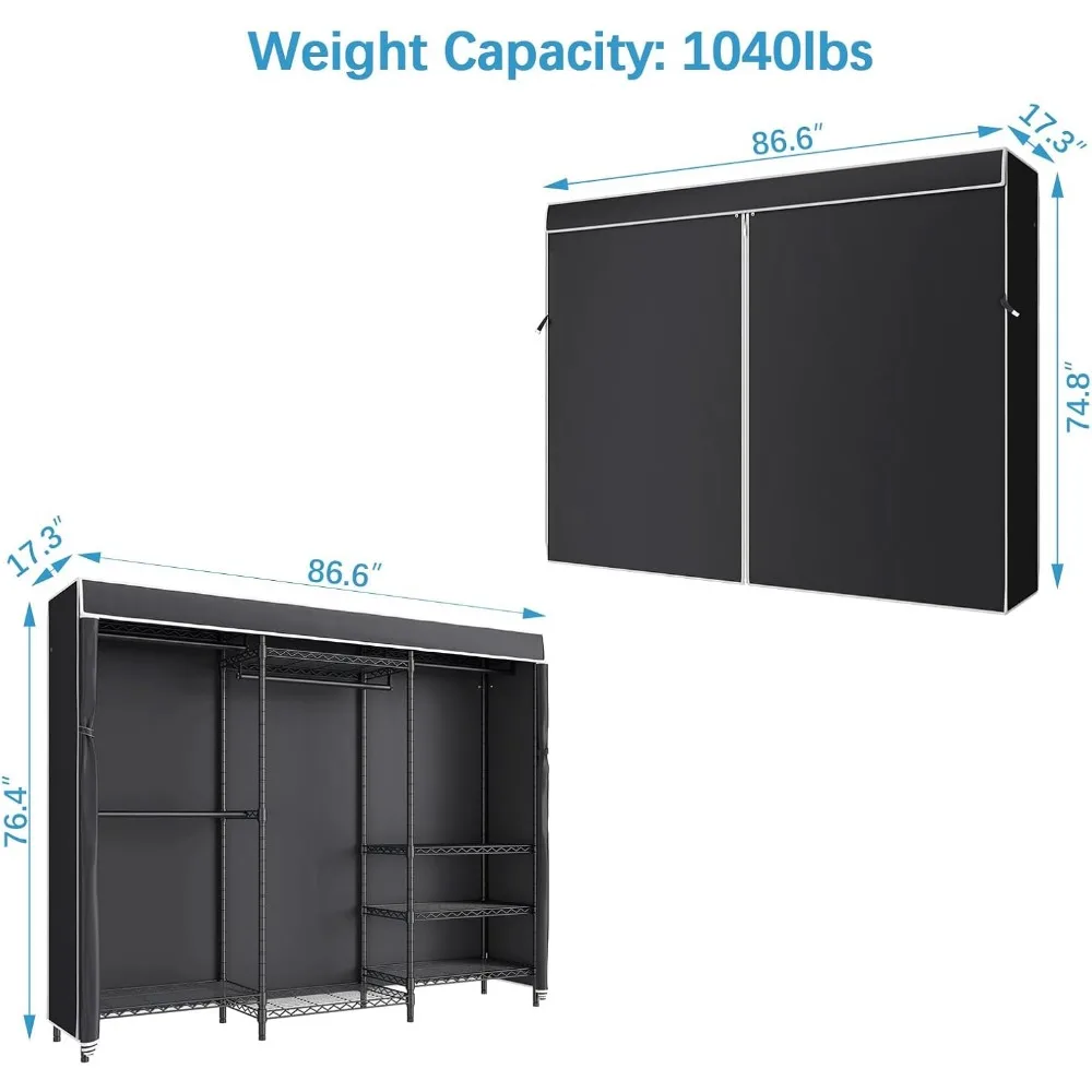 Portable Wardrobe Closet, Heavy Duty Clothes Rack with Adjustable Shelves, Black Metal, Max Load 1040LBS, Zippered Dustproof