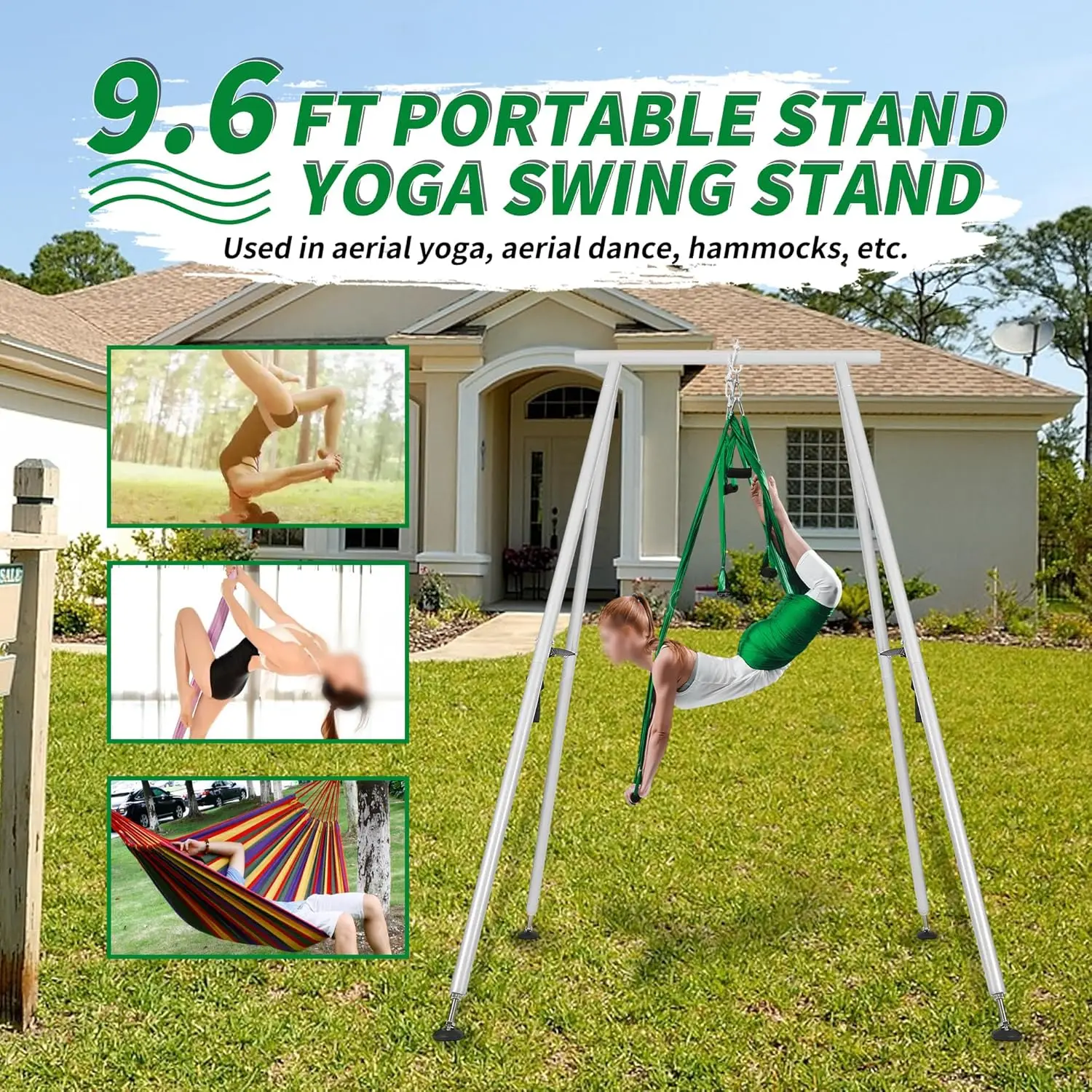 9.6 FT Portable Stand Yoga Swing Stand 551 LBS Aerial Yoga Frame Yoga Sling Inversion Equipment Steel Silvery for Indoor